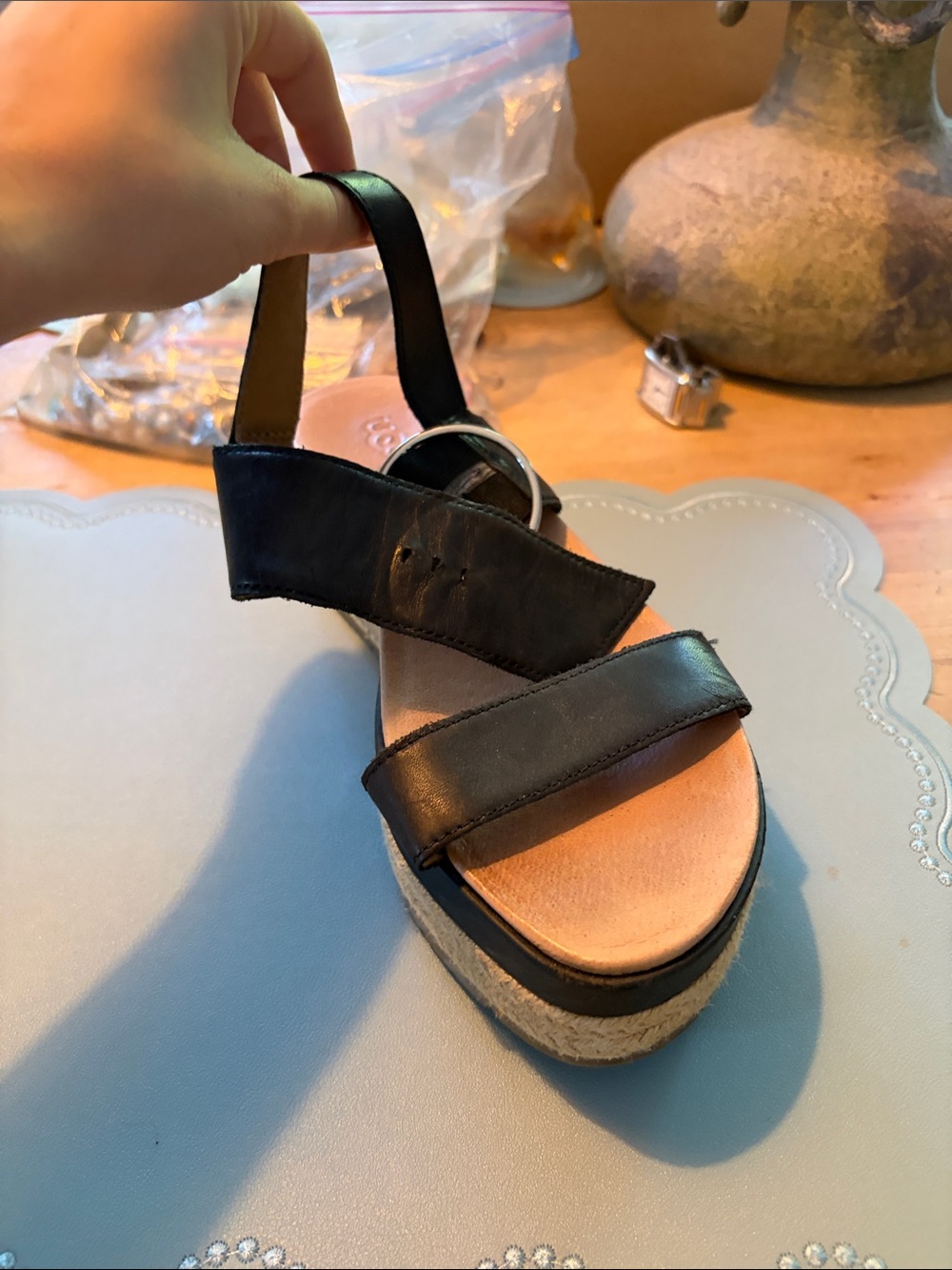 UGG Black Leather Platform Sandal with Ankle Strap